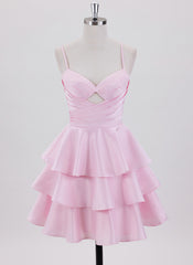 Ball-Gown/Princess Spaghetti Straps Short Satin Homecoming Dress With Pleated