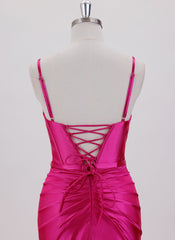 Sheath/Column Spaghetti Straps Short Satin Homecoming Dress With Pleated