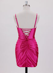 Sheath/Column Spaghetti Straps Short Satin Homecoming Dress With Pleated