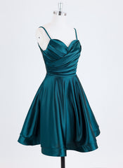 A-line Spaghetti Straps Short Satin Homecoming Dress With Pleated