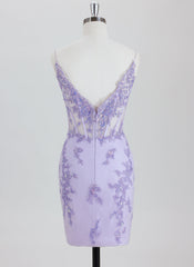 Sheath/Column Spaghetti Straps Short Lace Homecoming Dress With Appliques