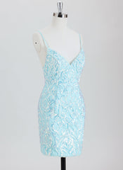 Sheath/Column Spaghetti Straps Short Lace Homecoming Dress With Sequins
