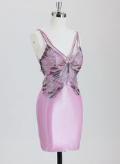Sheath/Column Spaghetti Straps Short Satin Homecoming Dress With Rhinestone