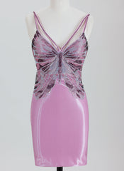 Sheath/Column Spaghetti Straps Short Satin Homecoming Dress With Rhinestone