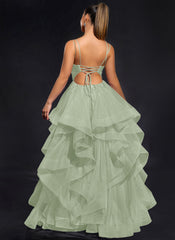 Ball-Gown/Princess Scoop Floor-Length Tulle Maxi Dresses With Rhinestone Beading
