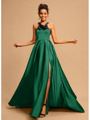 Ball-Gown/Princess Halter Sweep Train Satin Maxi Dresses With Bow(s)