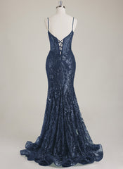 Spaghetti Straps V-Neck Corset Sequins Lace Trumpet/Mermaid Maxi Dress