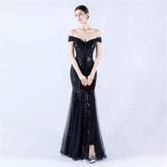 Off The Shoulder Tulle Sequin Mermaid Maxi Dresses