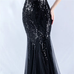 Off The Shoulder Tulle Sequin Mermaid Maxi Dresses