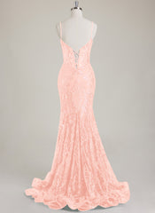 Spaghetti Straps V-Neck Corset Sequins Lace Trumpet/Mermaid Maxi Dress